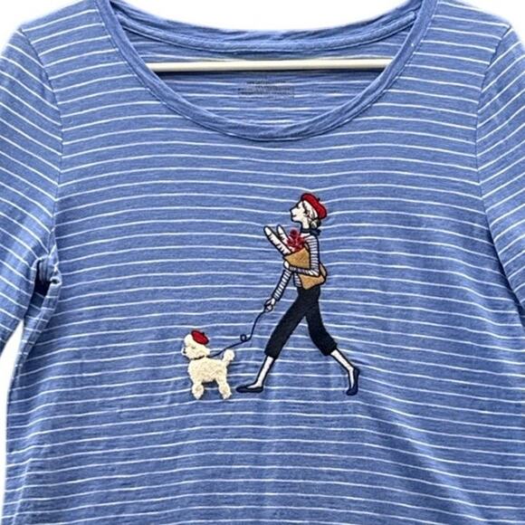 Talbots Blue Embroidered French Lady Poodle Shopping Cuff Sleeve Top Women S - Picture 2 of 6